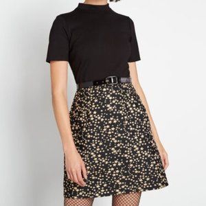 Modcloth Black Gold Stars Delight Mock Neck Dress